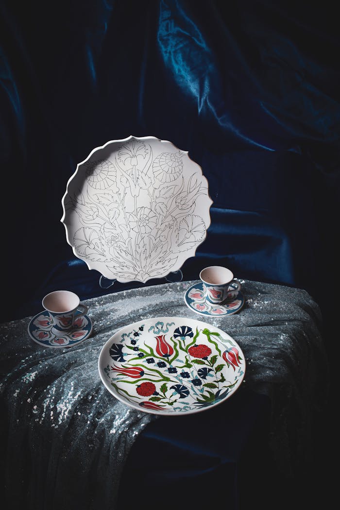 Home Artistic display of decorative plates with intricate floral designs against a dark background.
